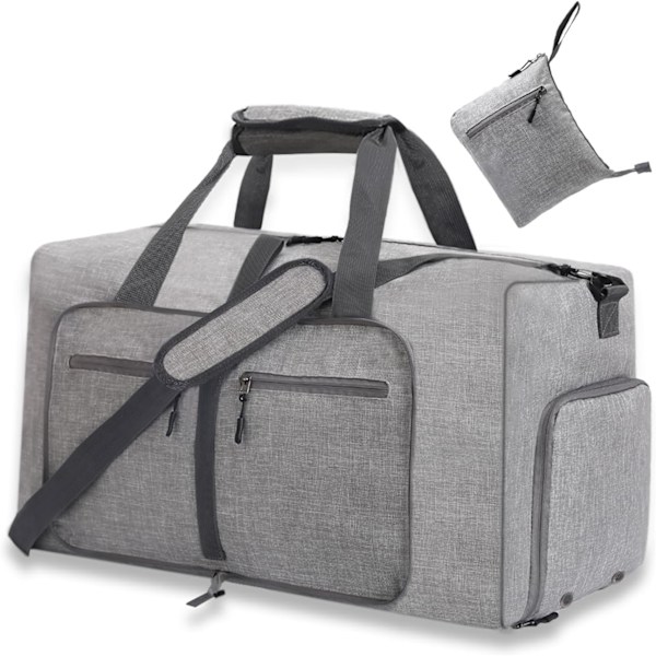 Reise Duffelbag for Menn og Kvinner, Foldbar Holdall Bag Vanntett Weekend Overnight Bag med Skoavdeling & Skulderstropp Gray