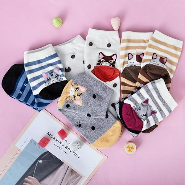 Søde 5 Par Kvinders Strømper Sjove Søde Dyr Damer Strømper Kat Hund Strømper Gave til Kvinder, One Size Polka dot striped cat