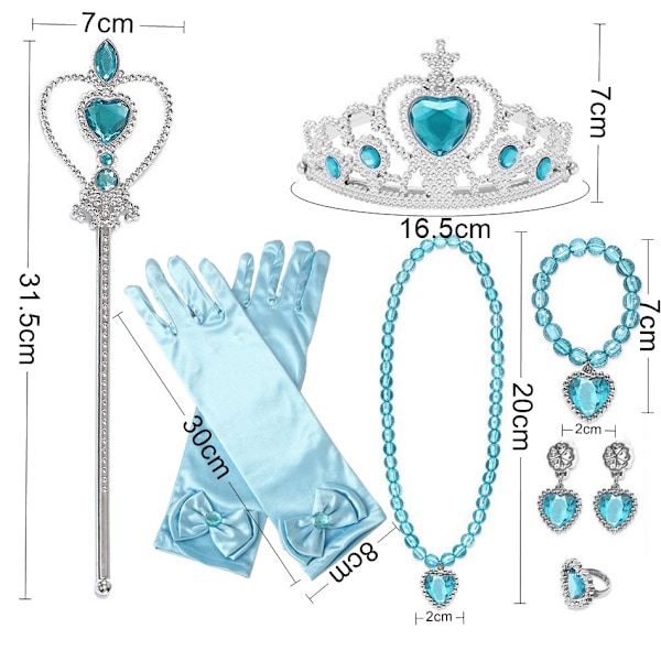 7-pack Prinsessutklädningsaccessoarer Presentförpackning, Vacker Krona, Scepter, Halsband, Handskar, Presenter till Flickor Blå