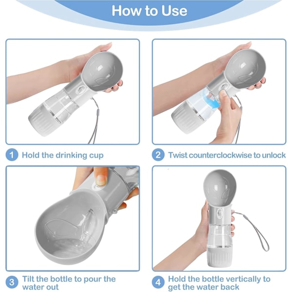 Hundevandflaske, 2 i 3 bærbar katte- og hundevandflaske, Hundevanddispenser med godbidbeholder (Grå)