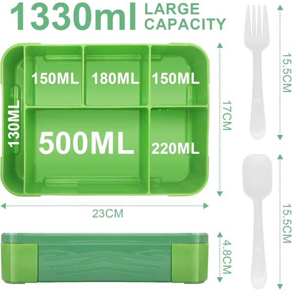 Bento Lunch Box Barn, Bento Lunch Box Vuxna med 5 Fack och 2 Salladsdressingbehållare Green