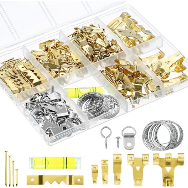 Billedophængssæt 221 dele, billedkroge, ophængssøm, billedophæng, billedophængskroge, billedrammeophængstilbehør Gold