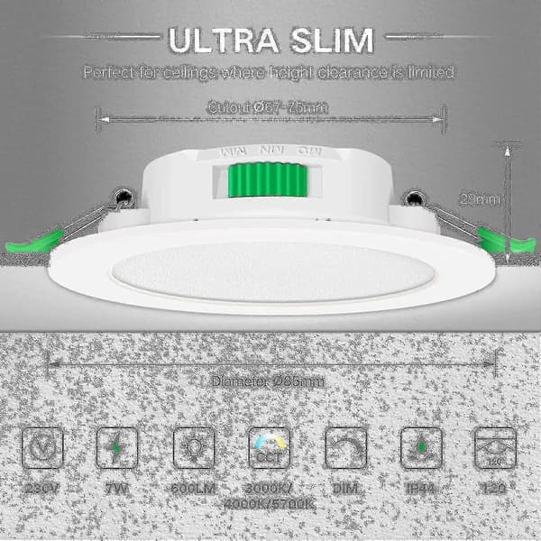 12 stk. 7W Hvit LED Downlight Innfelte Taklamper Slank Spot Light