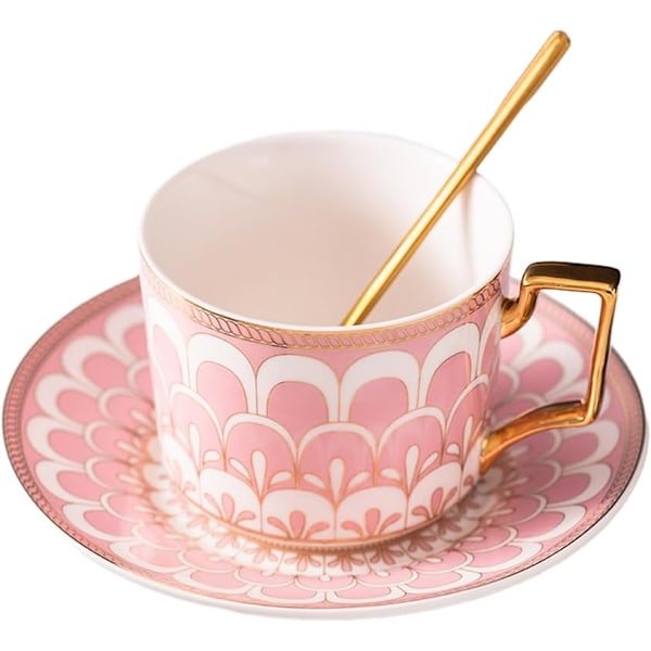Europeisk stil kopp tekopp och fat set, 8,5oz/250ml benporslin kaffe tekoppar med fat och gyllene sked