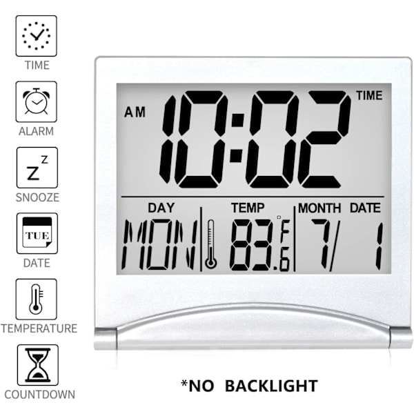 Digital resealarmklocka - Fällbar kalendertemperatur LCD-klocka med snooze-läge - Stor sifferdisplay, batteridriven (silver, ingen bakgrundsbelysning)