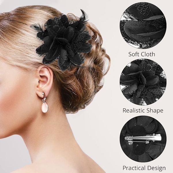 1 st blomma hattar klämma tebjudning corsage hårnål barrette svart blommig fjäder hårnål