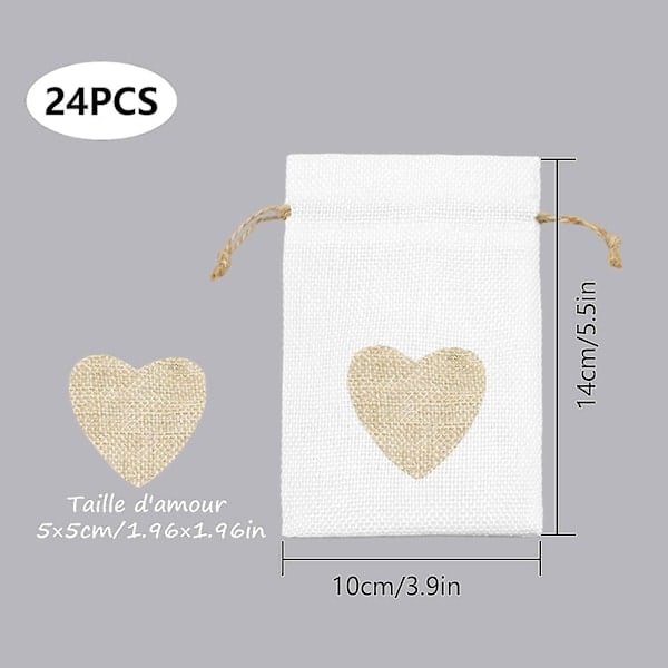 24 stk Hjerteformet Juteposer 10*14cm, for Smykkeskrin Bryllupsdekorasjoner for Godteri Gaver Dåp Bursdag Jul Små (Hvit) A