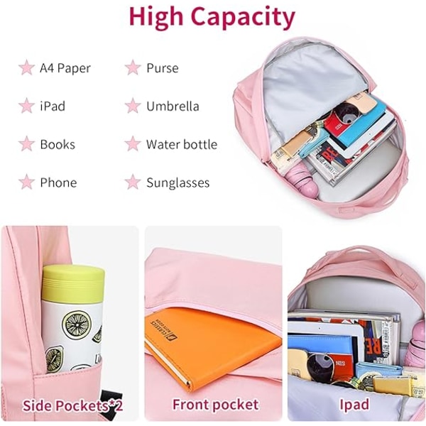 Skolryggsäck för flickor och pojkar, enfärgad ryggsäck för 14-tums bärbar dator, vattenavvisande skolväskor, casual dagryggsäck för skola, resor, lätt ryggsäck pink