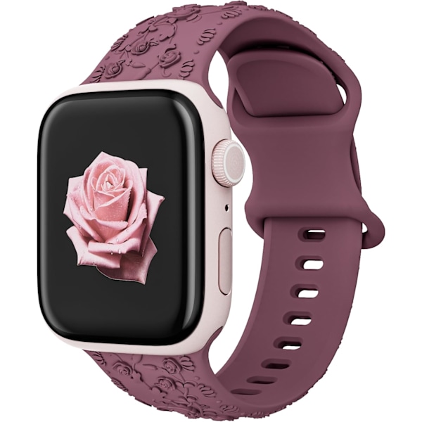 Gravert Rem for Apple Watch-reimer, iwatch-reim Kvinner, Myk Silikon Rose Blomstermønster Bånd for iWatch Series-reim Cherry/Brown 38/40/41mm