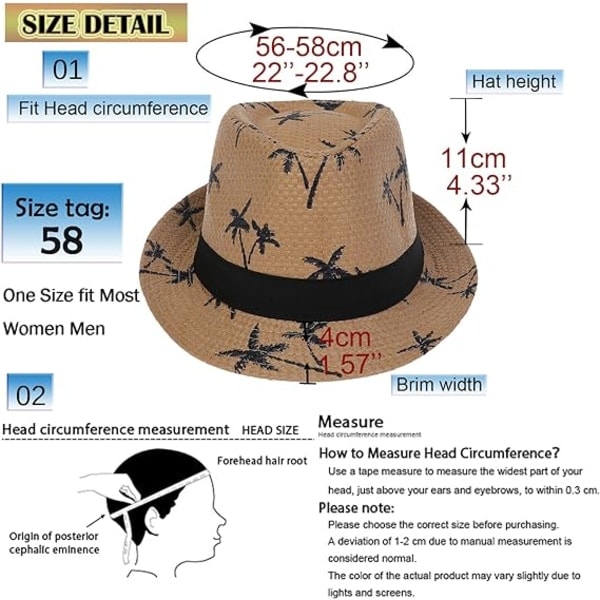 Hawaiiansk Fedora Stråhatt for Menn Kvinner Unisex Panama Sommer Sol Jazz Kostyme Party Hatt (Lys Khaki)