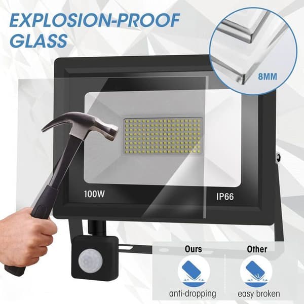 100W Utomhus LED Strålkastare - Rörelsesensor IP66 - Aluminium - Kallvit 6000K - 10000lm
