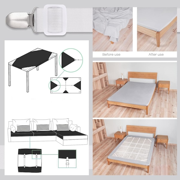 8 st sängklädesklämmor, justerbara sängklädesgripare, högelastiska lakan med spännen, lakanfästen max stretch 120 cm, lakanhållare White