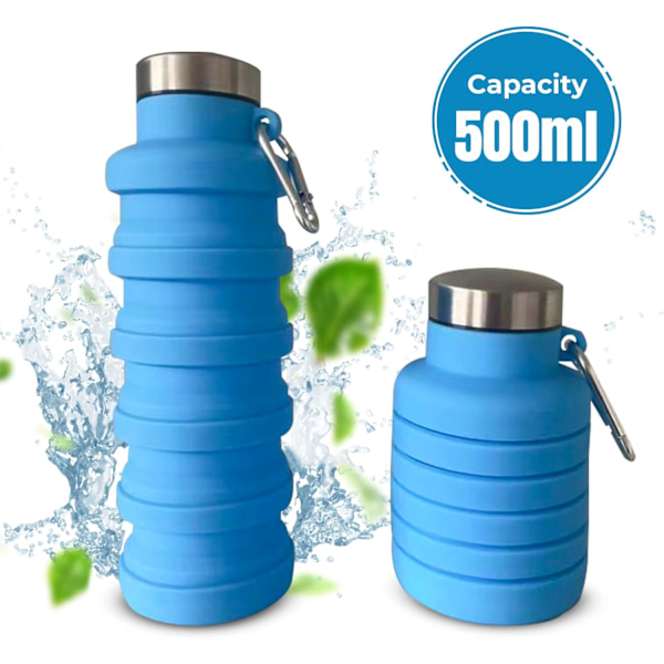 Sammenklappelig Vandflaske Silikon Rejse Essentials Foldbar Gym Flaske Lækagesikker Vandreture Tilbehør, Sammenklappelig Vandflaske 500ml Blue