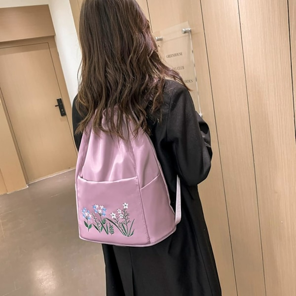 Foldbar Weekendbag med Trekkstreng for Kvinner - Broderte Estetiske Ryggsekker - Treningsbag med Tørr/Vått Separasjon