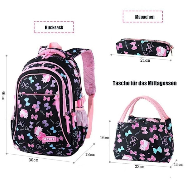 Koululaukku tytöille, 3-osainen, lounaslaukulla, penaalilla, hengittävä, kevyt koululaukku teinitytöille Pink