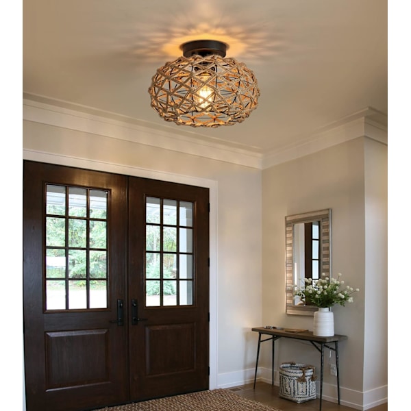 Bohemisk taklampa, semi-flush mount, rotting, rustik belysning, vintage vävd rottinglampa, med vintage vävd burdesign