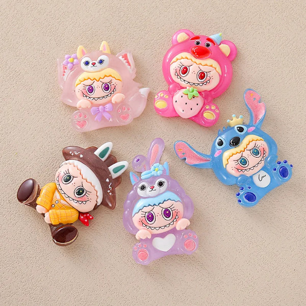 5 st Labubu Tecknad Luminous Stort Kort Stitch Tecknad Harts Flatback DIY Smycken Tillbehör Hantverksmaterial