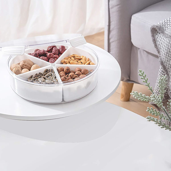Serveringsbricka för nötter och godis, runda plastfat, matförvaringsbehållare, aptitretarebricka med 5 individuella skålar för nötter, torkad frukt, snacks, godis
