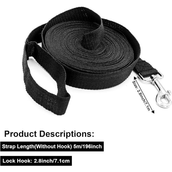 Ekstra Lang Hundetreningsline, 5m Nylonline for Store, Mellomstore og Små Hunder - Perfekt for Innkallingstrening, Lydighet, Løping, Camping Black