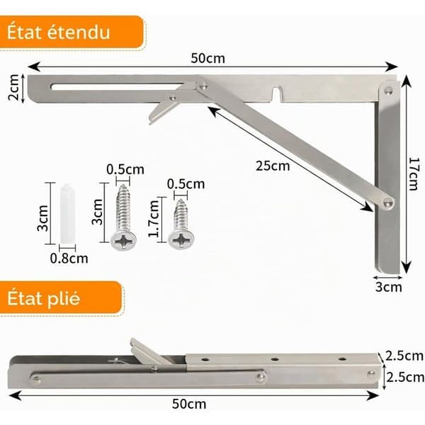 Sammenklappelig vinkelbeslag - Sæt med 2 - Rustfrit stål - 150 kg bæreevne - Garage, køkken, værksted - 50x17cm