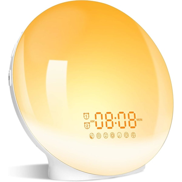 Väckarklocka, LED Wake-up Light Simulerar Soluppgång och Solnedgång, 2 Alarm, 20 Ljusstyrkenivåer, 7 Färgade Ljus