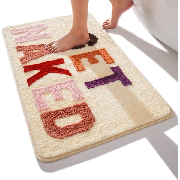 Bademåtte Pink og Hvid Badeværelsesmåtter 40 x 60 cm, Skridsikker Bademåtte til Badeværelse, Farverige Bogstaver Blød Mikrofiber Bademåtte Beige Multicolor