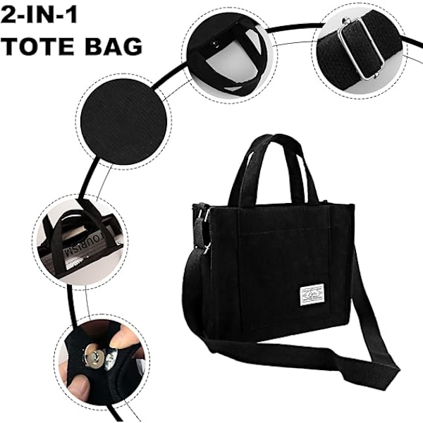 Corduroy Tote Bag för Kvinnor Satchel Bag Snygg Tote Handväska Stor Kapacitet Axelremsväska Reseväska Satchel Rem Plånbok Black