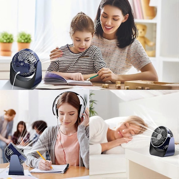 Støjsvag USB-blæser, Mini bordblæser med 3 hastigheder, 360 graders rotation, lille kraftfuld bærbar bordblæser til soveværelse, bil, camping, udendørs (Navy Blue, uden batteri)