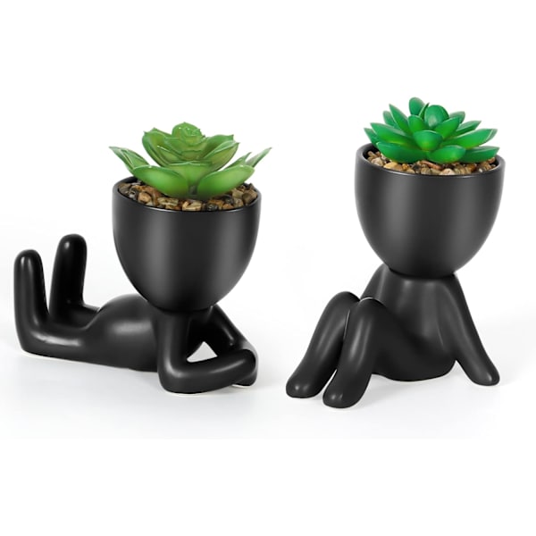 2 stk. Kunstige Planter Indendørs i Sorte Menneskeformede Keramikpotter Kunstige Sukkulenter Potteplante Mini Faux Sukkulenter Dekoration til Hjem Kontor Bord Stue
