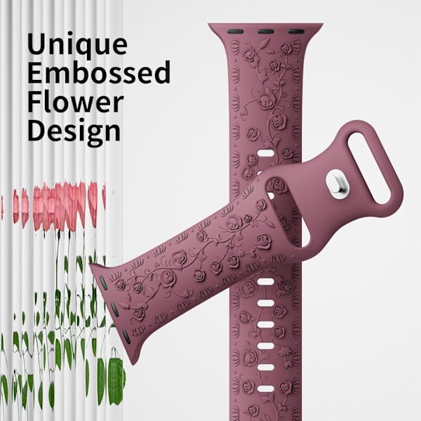 Gravert Rem for Apple Watch-reimer, iwatch-reim Kvinner, Myk Silikon Rose Blomstermønster Bånd for iWatch Series-reim Cherry/Brown 38/40/41mm
