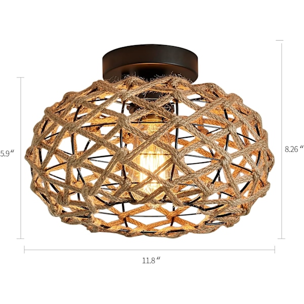 Bohemisk taklampa, semi-flush mount, rotting, rustik belysning, vintage vävd rottinglampa, med vintage vävd burdesign