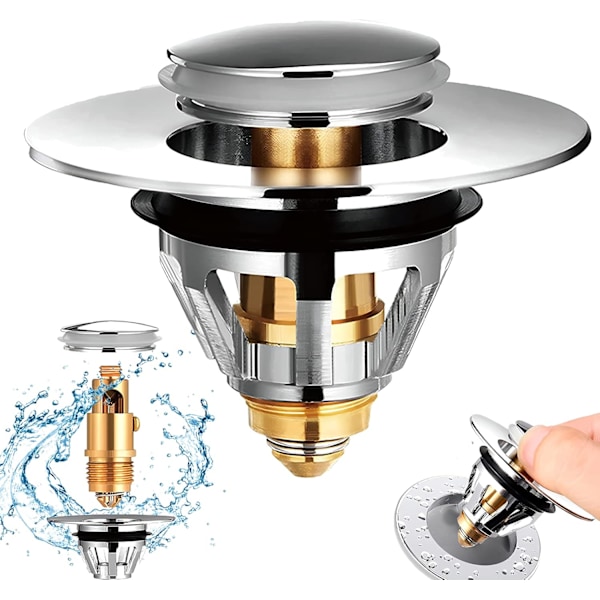 Vaskesluk, popup Vaskesluk Universal Rustfritt Stål Bassenghylle Push Type Baderom Vaskesluk med 2 Tetninger for Innvendig Diameter 34-37mm Vask Bad Bassenghylle