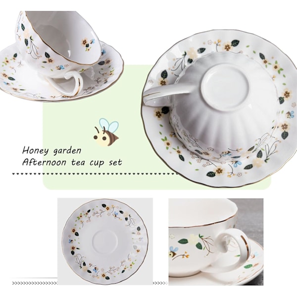 Blomster- och Bie-Teekoppar och Fat, Kaffe Benporslin Mugg 1 Set (1 Kopp och 1 Tallrik)
