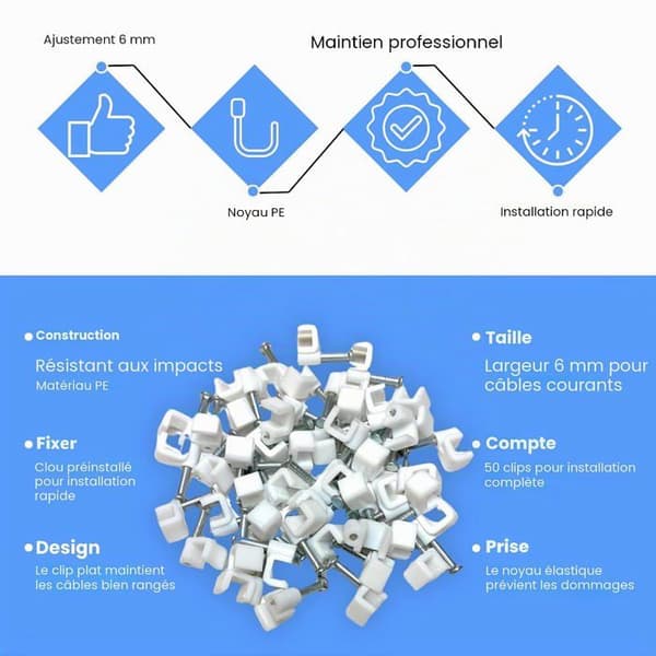 Förpackning med 50 platta fästklämmor - Vit plast - För TV- och internetkablar - Säker väggfästning - Diameter 6