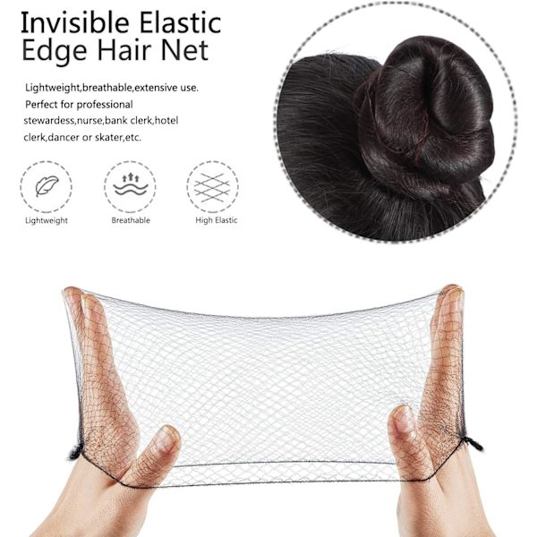 Hårnät Osynlig Elastisk Kant Nät och U-formade Nålar Set, 50 st 50cm Individuell Förpackning Osynliga Hårnät, 40st U-formade Nålar för Kvinnor Bun Black