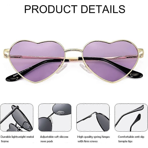 SDIGV Polariserade hjärtformade solglasögon för kvinnor, moderiktig söt stil, metallram, UV400-skydd Gold Purple