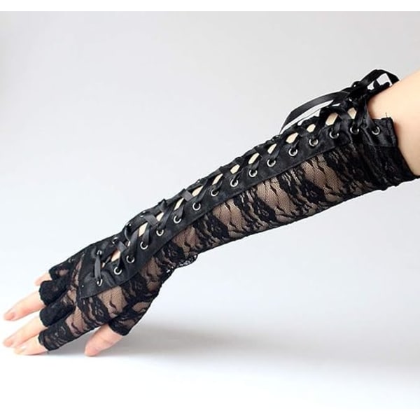 Spets Handskar Steampunk Fingerlösa Handskar Justerbara Festklänningar Långa Handskar Brudspets Handskar för Kvinnor Black