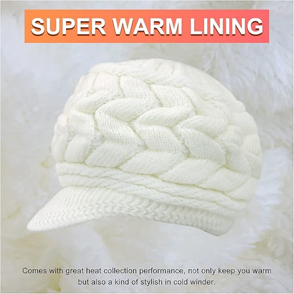 Dame Vinter Strikket Hat med Skygge Sort Hvid Grå, Elegant Beanie Hat med Varmt Fleecefoer White One Size