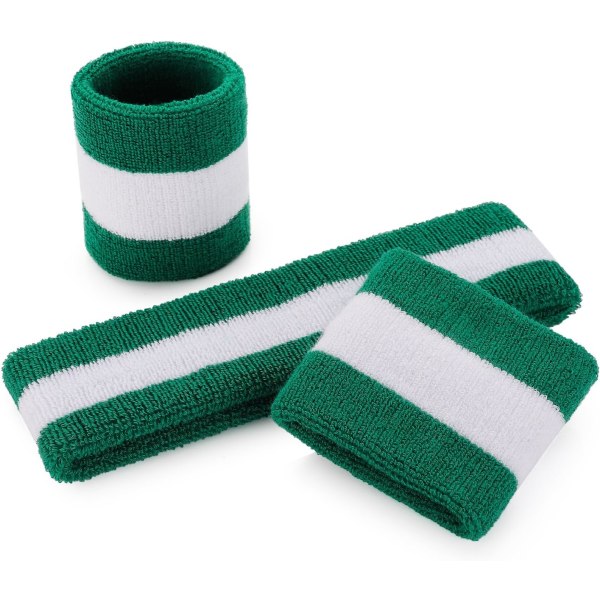 Sett med 3 svettebånd Sportshodeband Håndleddsstripe Svettebånd Terry Klut Håndleddsbånd Basketball Håndleddsbånd og Fuktighetsabsorberende Hodebånd HEADW3- Green/White/Green