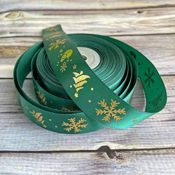 (Grön) 22 meter satinband med guldglitter i C för jul
