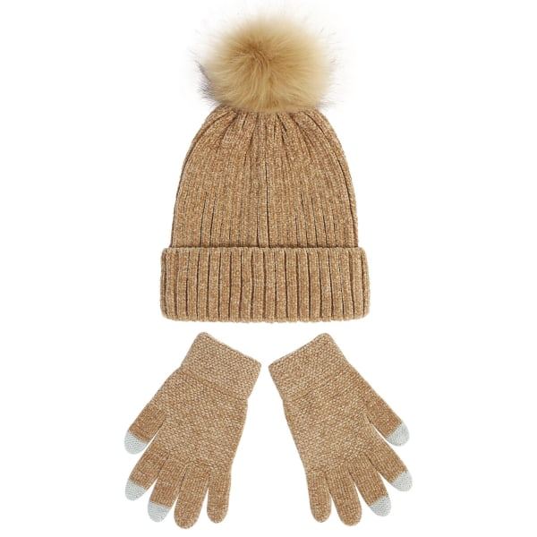 Stickad mössa damer ny Chenille ullmössa handskar set förtjockad varm fluffig mössa höst och vinter Läder Camel