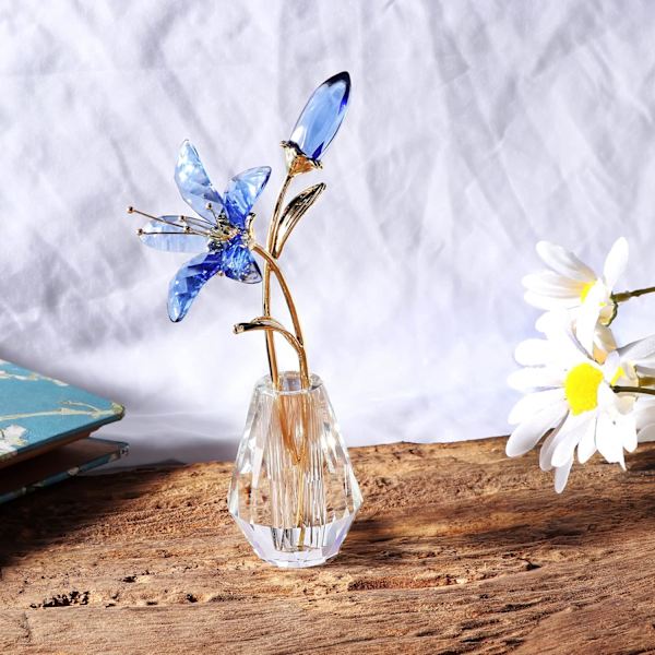 Kristallblomma Figur Lily Blomma Samlarobjekt Present till Kvinnor, Glas Lilium med Kristallvas Metallstam för Hem Bröllopsfest Dekor Blue