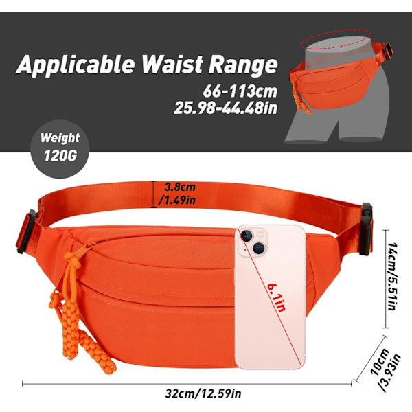 Lång Hållare Midjeväska Fanny Pack för Kvinnor Män Mode Midjeväska Bumbag Cross Body Justerbar Reseväska Stora Fickor för Löpning Orange