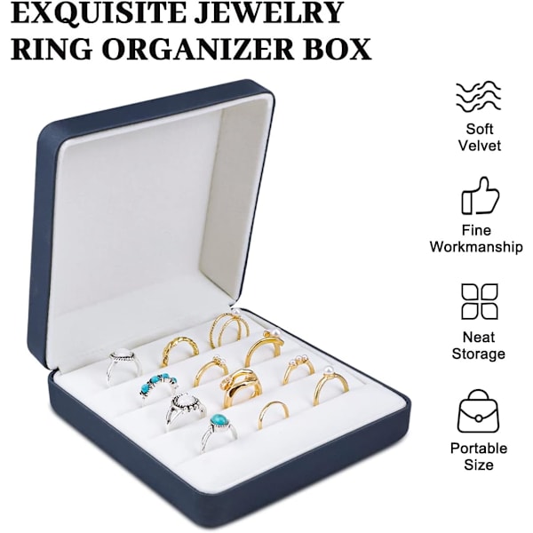 Smykke Ring Organizer Box, Lille Smykkeæske, Rejse Smykkeetui, Bærbar Ring Opbevaring Display Case, PU Læder Ringe Bakke Holder Box Blue