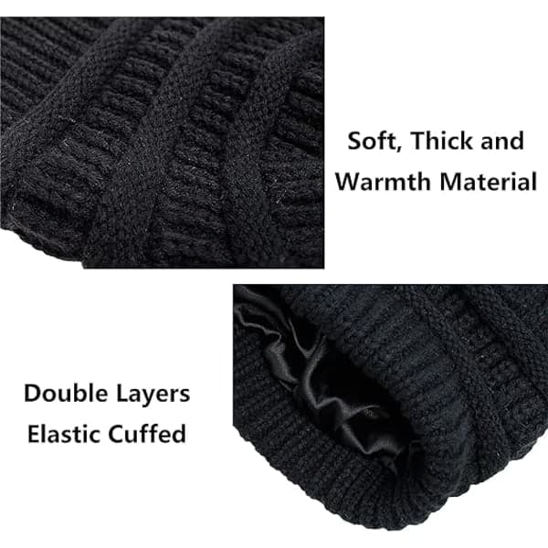 Varm stickad vintermössa med satin foder, kabelstickad beanie, tjock slouchy skull cap för kvinnor Black