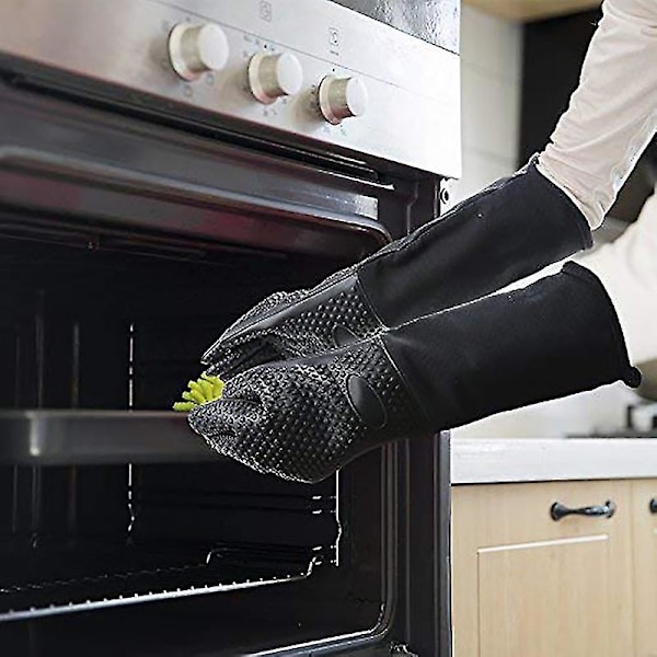 Ekstra Lang Profesjonell Silikon Grytevott Varmebestandig Matlagingshanske med Innvendig Bomull egnet for Kjøkken, Grill, Baking, Grill - Svart-B8