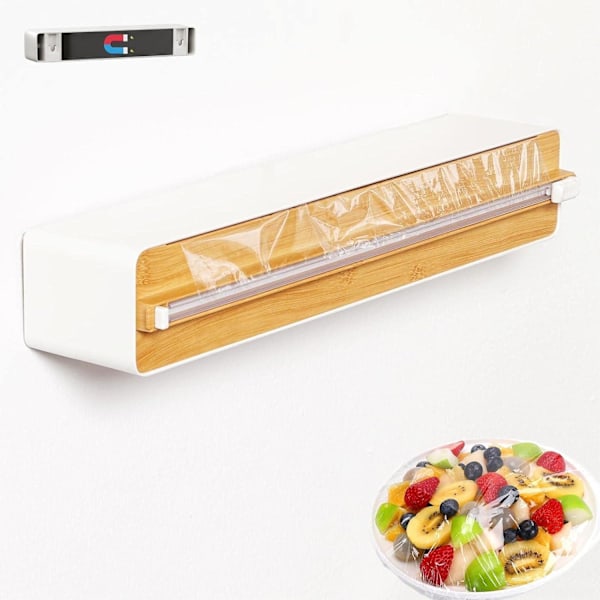 Magnetisk Klamfilmdispenser og Kutter, Påfyllbar Klamfilm & Aluminiumsfolie Dispenser og Kutter Veggmontert, Plastfolie Organizer woodgrain Plastic Lid