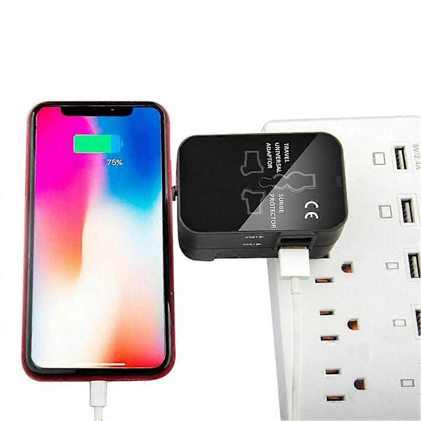 Universaali kansainvälinen matkapistokesovitin, seinälaturimuunnin 2 USB-portilla, perhelomille Black