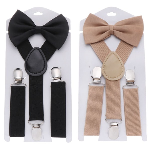 2 set barnbyxor Elastiska hängslen Ko -slips khaki+svart