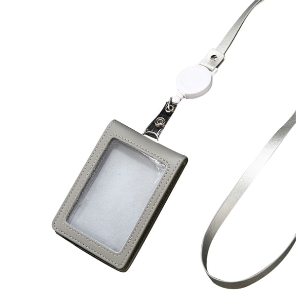 Korthållare i läder med transparent fönster, kortskydd, badgehållare med dragsko Light gray